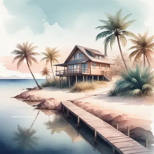 Prompt:  a wooden home on a private island with beautiful gardens, a path that leads to a sandy beach with palm trees, and a dock with a boat, modern, watercolor digital illustration, minimal composition, smooth gradient, magical glow, soft, washed textures, ethereal atmosphere, social media-ready illustration,