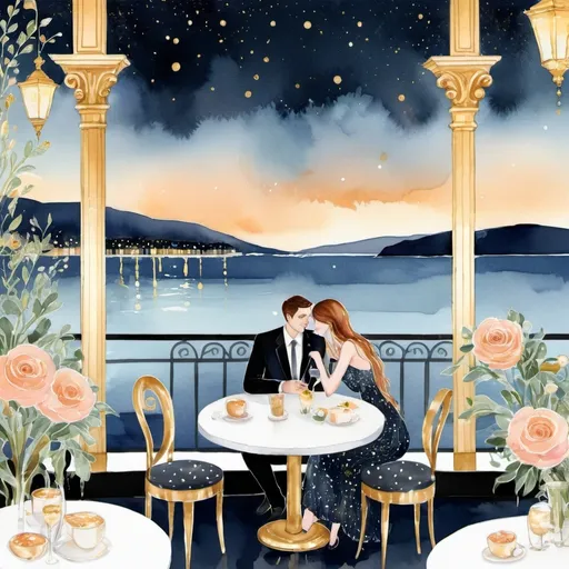 Prompt: night date in floral sea view cafe, digital watercolor, inspired by ann telnaes, evoking the glittering charm ratios, dotted sparkling constituent in klimt’s style, natural colors and gold, emphasizing glittery shiny details, highly detailed intricate design, ultra fine details