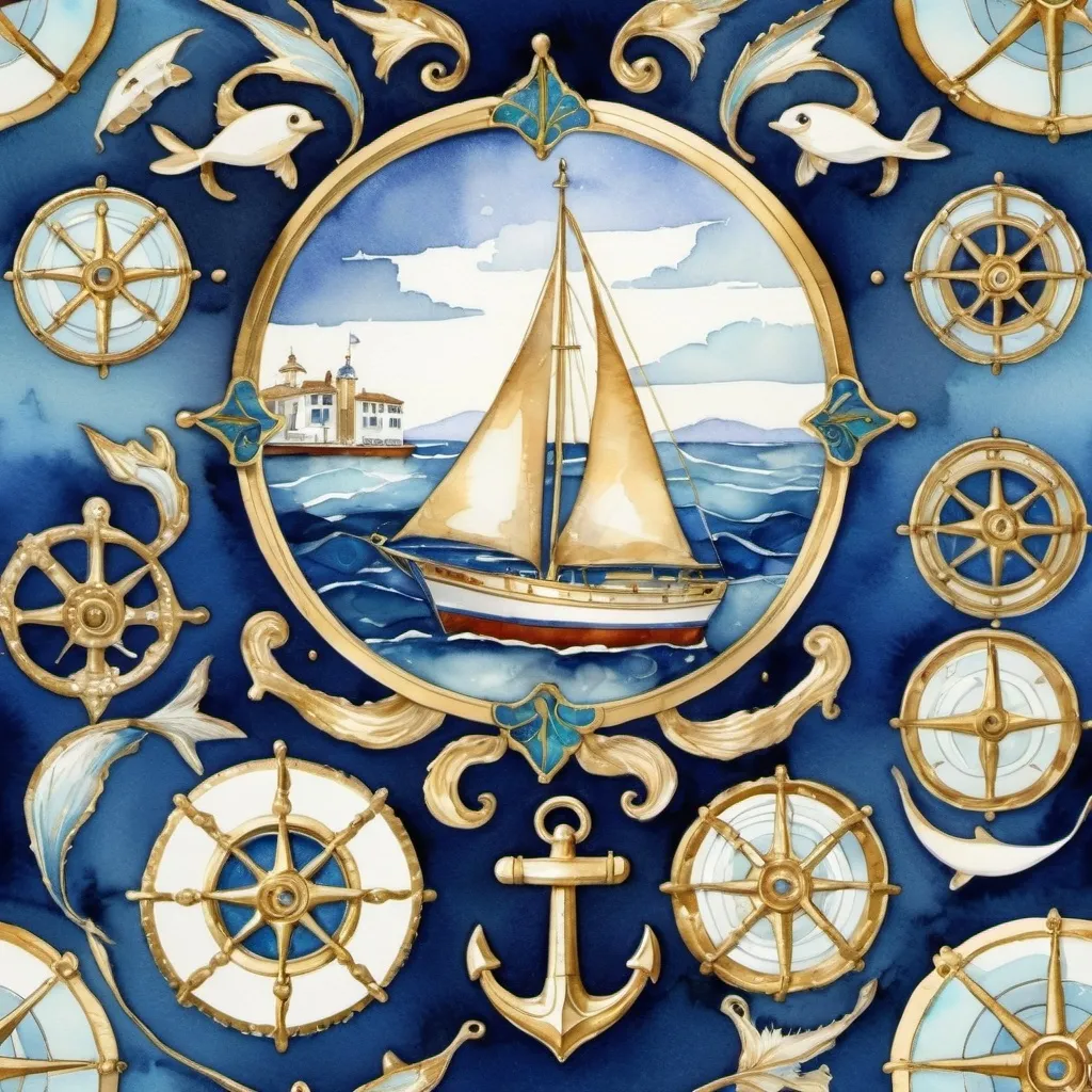 Prompt: watercolor painting of nautical decoration art, inspired by FRANCK SORBIER, watercolor art on white background, cloisonnism with golden line,
