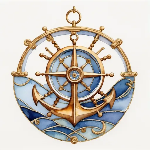 Prompt: watercolor painting of nautical decoration art, inspired by FRANCK SORBIER, watercolor art on white background, cloisonnism with golden line,
