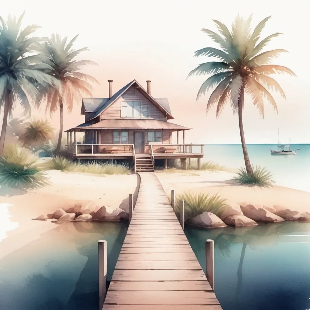 Prompt:  a wooden home on a private island with beautiful gardens, a path that leads to a sandy beach with palm trees, and a dock with a boat, modern, watercolor digital illustration, minimal composition, smooth gradient, magical glow, soft, washed textures, ethereal atmosphere, social media-ready illustration,