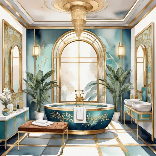 Prompt: digital watercolor painting of spa room with stylish and elegant vibes, inspired by FRANCK SORBIER, cloisonnism with golden line,