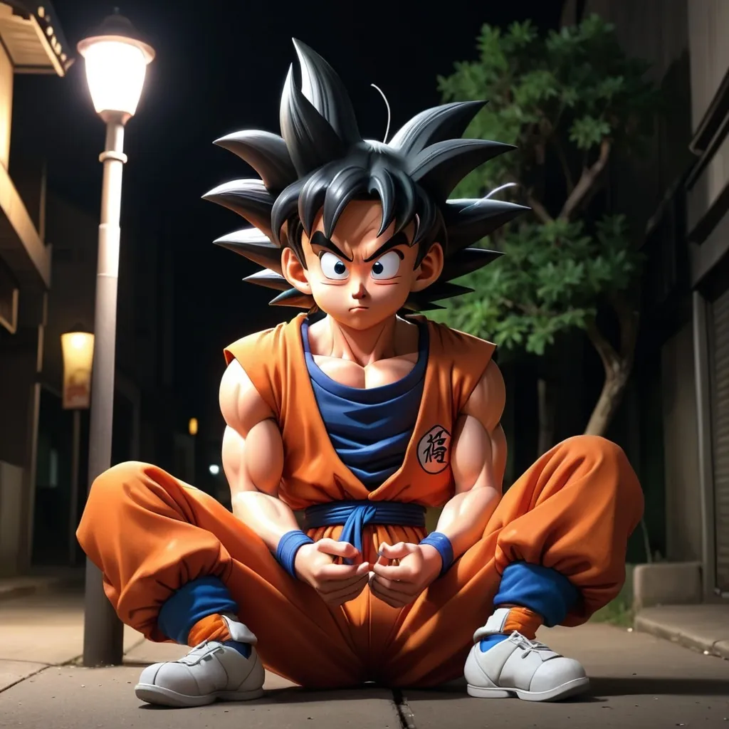 Prompt: with Goku smoking, looking lost. At night under a street lamp, sitting like a bum in relaxed atttud