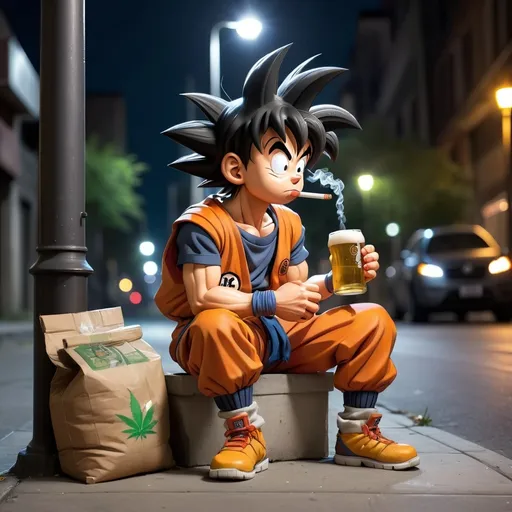 Prompt: son goku drunk, with a beer, smoking a weed, at nigth under a street lamp, seating in the street as a homeless