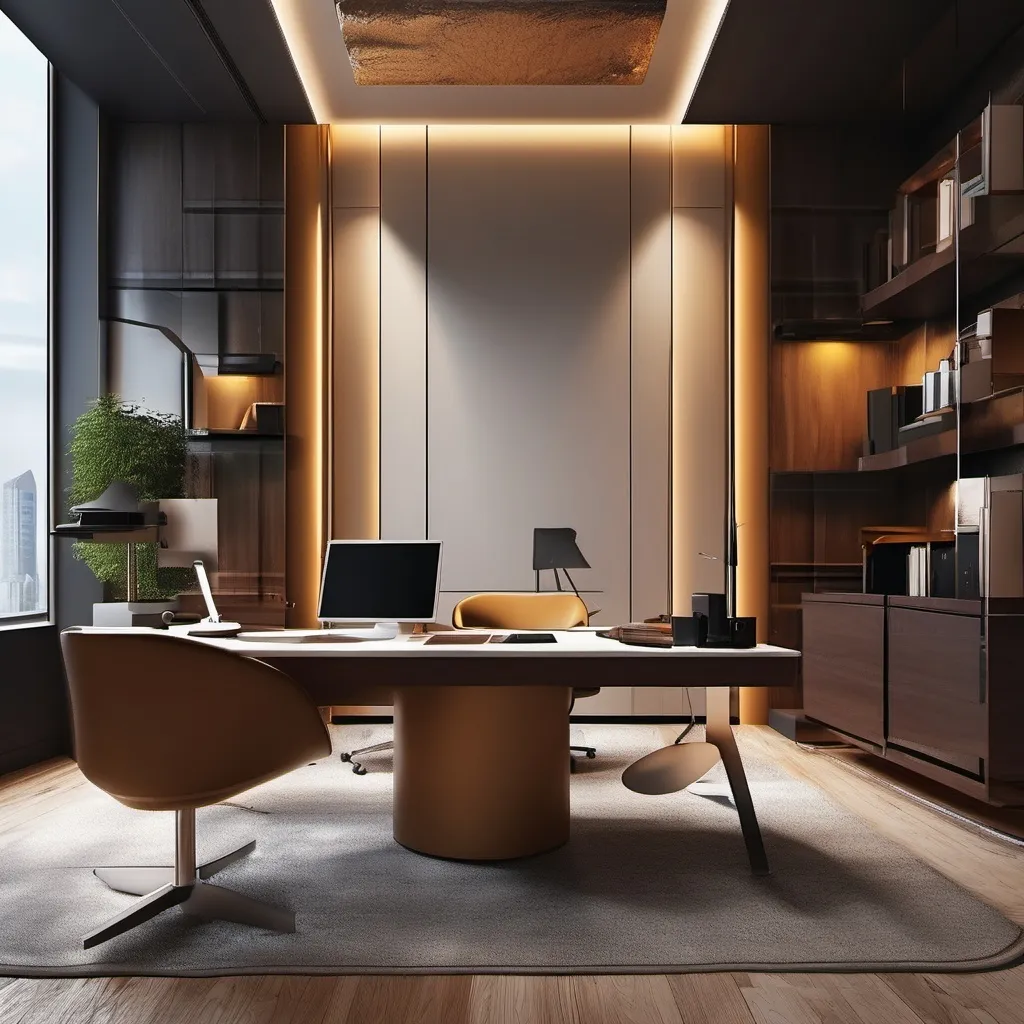 Prompt: ( Главная концепция: رجال في مكتب), elegant office setting, professional attire, focused expressions, collaboration atmosphere, sleek furniture, warm ambient lighting, high-quality, ultra-detailed, captivating composition, modern workspace, sophisticated color tones, engaging interaction, appropriate office decor, creative environment, rich textures, inspiring background, seamless arrangement.