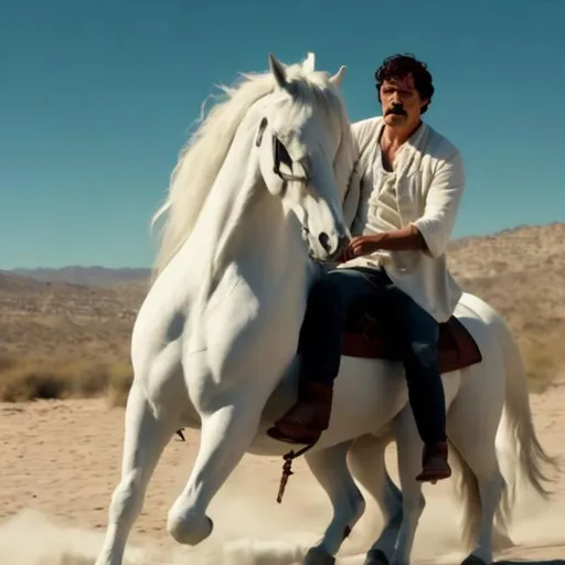 Prompt: Pedro Pascal, riding a majestic white stallion,