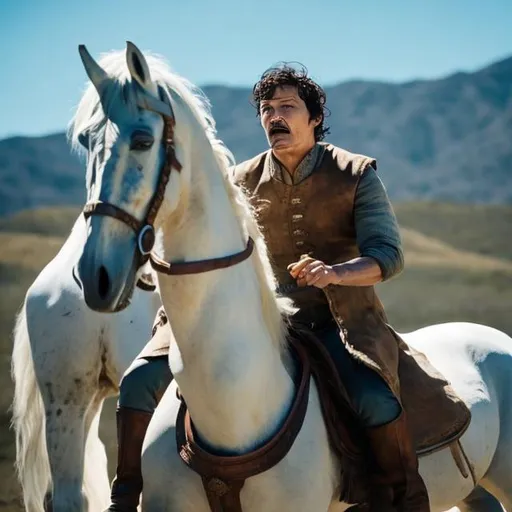 Prompt: Pedro Pascal, riding a majestic white stallion,