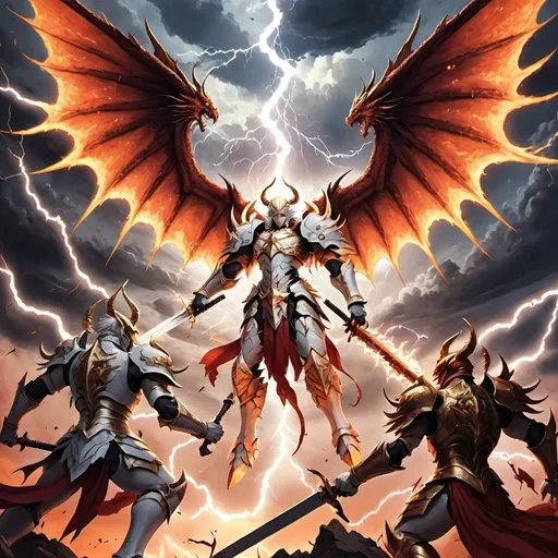 Prompt: A breathtaking, high-contrast anime illustration of an epic celestial war between angels and demonic creatures. Angels in white and golden armor wield swords and shields, while the demonic creatures, resembling dragons with fiery red and black scales, claw and bite at their opponents. The background reveals a thunderous sky with lightning, and the destroyed cityscape is a mix of classical and modern architecture. Fiery meteors illuminate the scene, casting an intense orange and red hue. Humans flee in fear, some praying, as they witness the devastation. The overall atmosphere of the image is intense, dramatic, and fiery, with a touch of anime influence., anime, illustration