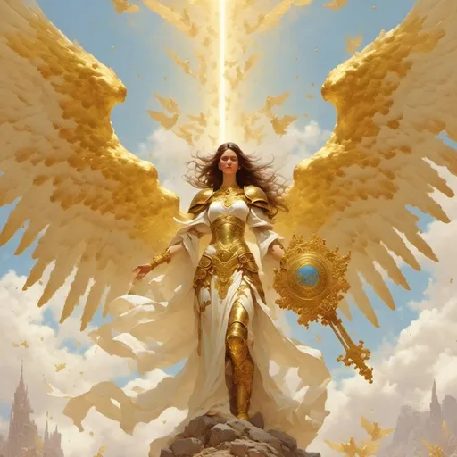 Prompt: <mymodel> Create and female angel with 6 wings wearing a golden armor, holding a golden sword and shield flying in a golden bright sky with other angels with wings flying in the back ground