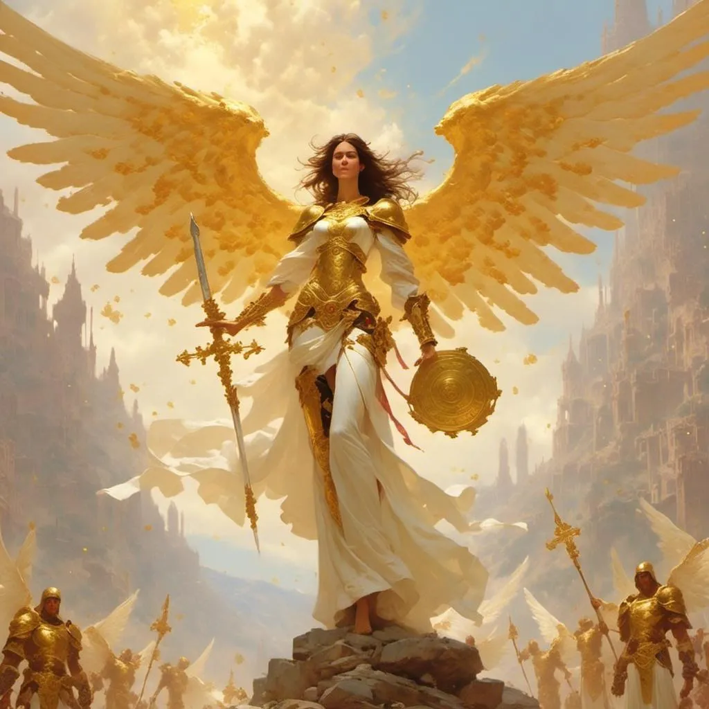 Prompt: <mymodel> Create and female angel with 6 wings wearing a golden armor, holding a golden sword and shield flying in a golden bright sky with other angels with wings flying in the back ground