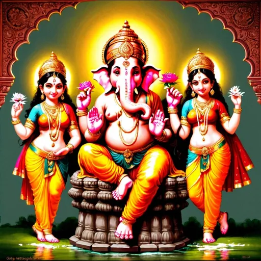 Prompt: Lord Ganesha with his two wives Riddhi and siddhi