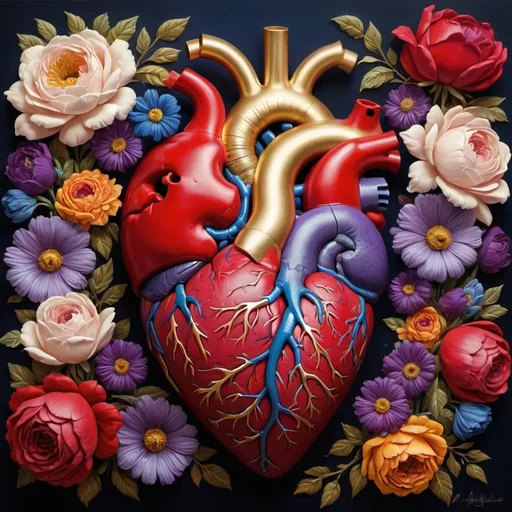 Prompt: anatomical heart with flowers and flaws in blood red with gold, purple, blue