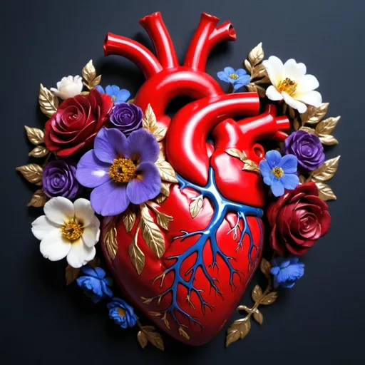 Prompt: anatomical heart with flowers and flaws in blood red with gold, purple, blue