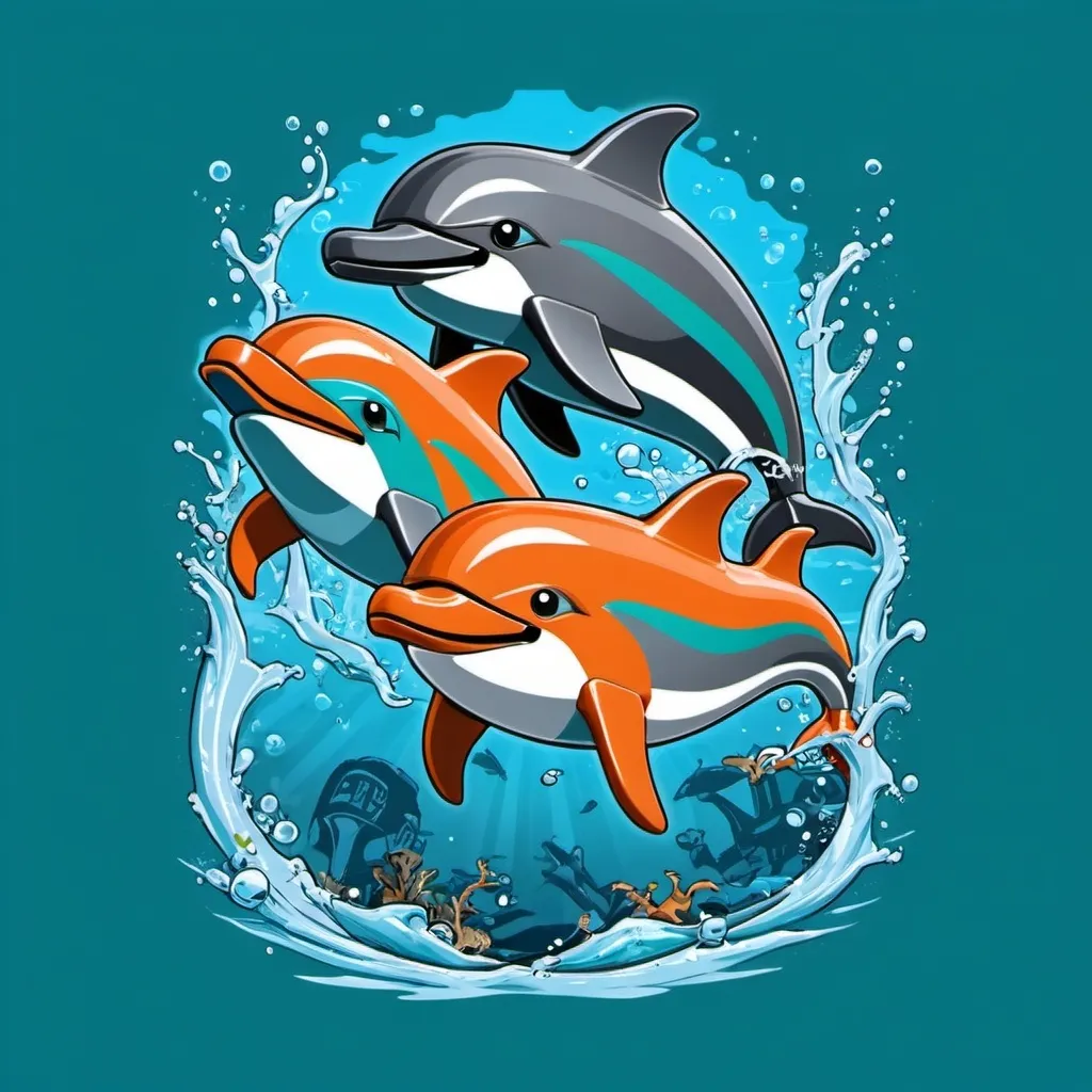 Prompt: lego robotic league t-shirt design "aquatic pros" dolphins