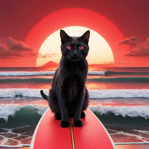 Prompt: a cat on on a surfboard with a red sky