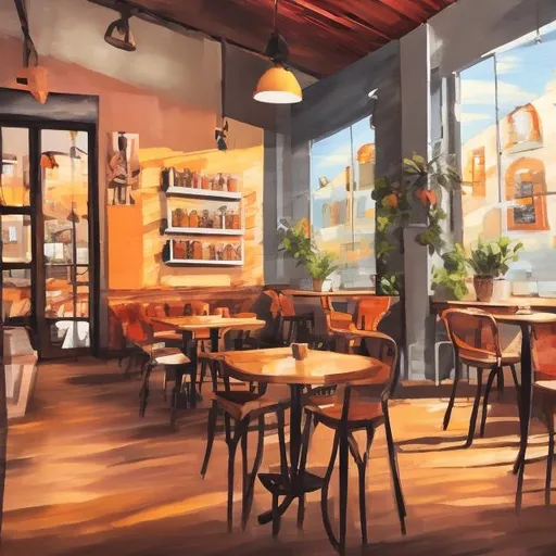 Prompt: Inside of an artsy cafe painting,
Warm colors, coffee cup