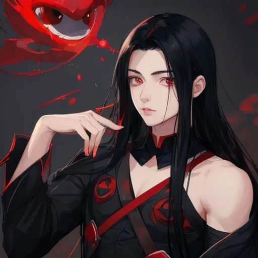 Prompt: a boy with long black hair with beautiful red eyes and adorable face