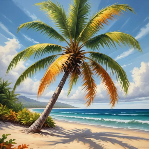 Prompt: Detailed illustration of a vibrant coconut tree on a tropical beach, realistic oil painting, swaying in the ocean breeze, high quality, vivid colors, tropical landscape, sandy beach, lush greenery, realistic textures, warm sunlight, tropical, oil painting, vibrant colors, swaying in the breeze, sandy beach, high quality, scenic, tropical paradise, realistic textures, warm sunlight
