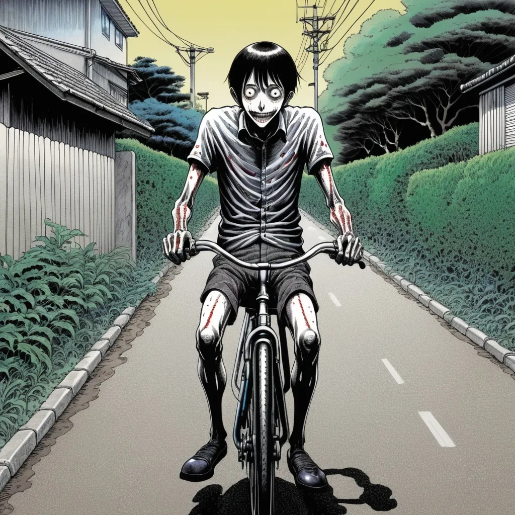 Prompt: Junji Ito manga style, a man dying on bike