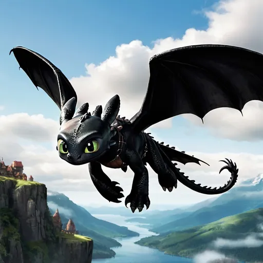 Prompt: Toothless from How to Train Your Dragon flying.
