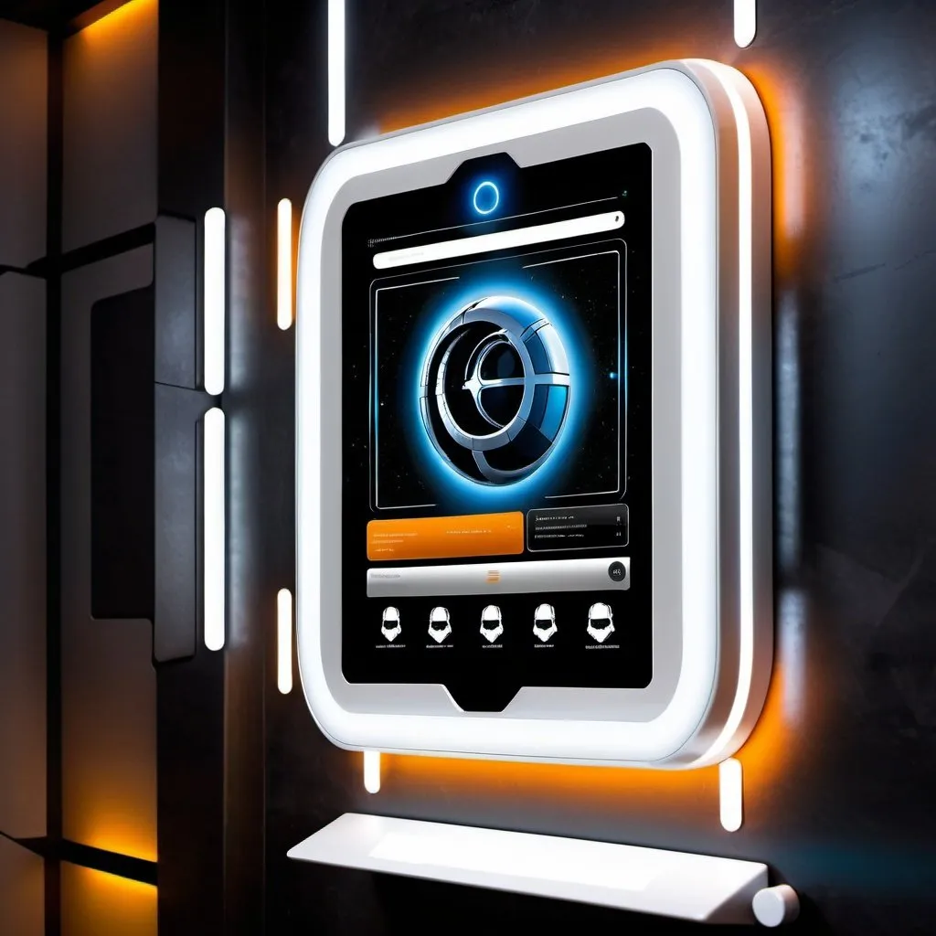 Prompt: futuristic smarthome hub tablet on wall inspired by the movie star wars