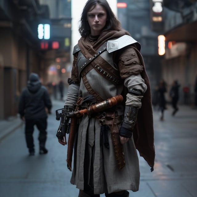 Prompt: A futuristic, cyberpunk version of a medieval/fantasy ranger with long, brown hair, a linen tunic worn over a gray, quilted gambeson, wearable technologies, a longsword, and a longbow.