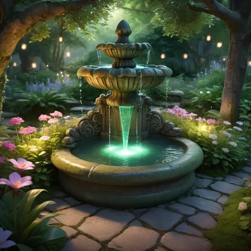 Prompt: Create a small, magical, fantasy inspired fountain in a garden.