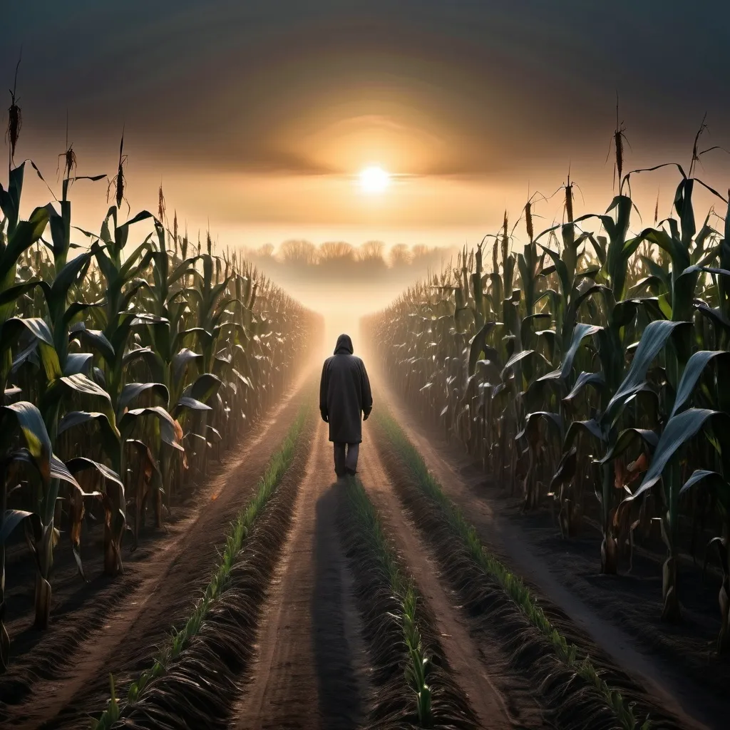 Prompt: A misty corn maze at dawn, with towering cornstalks bending slightly in the wind. The light of the rising sun breaks through the fog, creating an ethereal glow. Shadows dance along the ground, hinting at unseen mysteries. A lone figure stands at the entrance, looking contemplative yet determined. The landscape should evoke a sense of both wonder and foreboding, with an atmosphere rich in suspense and secrets."