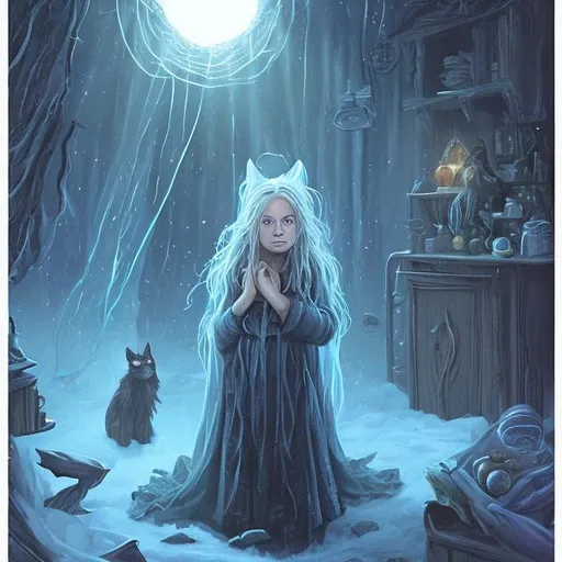 Prompt: Keywords: Wizard, Fantasy, Sci-fi, Magic, Feyfolk, Black Cat, Cabin Interior
In the morning, Faulkner was surprised to find in the center of his cabin, there lay a child. She couldn't have been more than ten years old, her delicate form wrapped in rags that barely protected her from the chill of the approaching winter. Faulkner's heart ached for the girl, and without a moment's hesitation, he approached her, offering a gentle hand. She looked up at him with eyes that mirrored the enigmatic depth of the forest. The girl was a mystery, a puzzle waiting to be solved, and it was a challenge Faulkner was willing to accept. 
