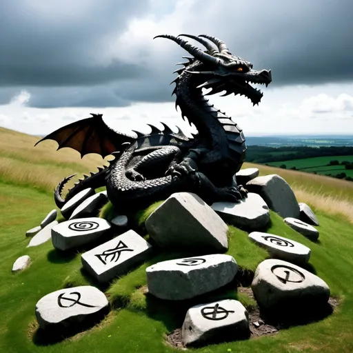 Prompt: A dragon sleeping on a heap of ashes 9n a hill of grass and old pagan stones inscribed with runes.