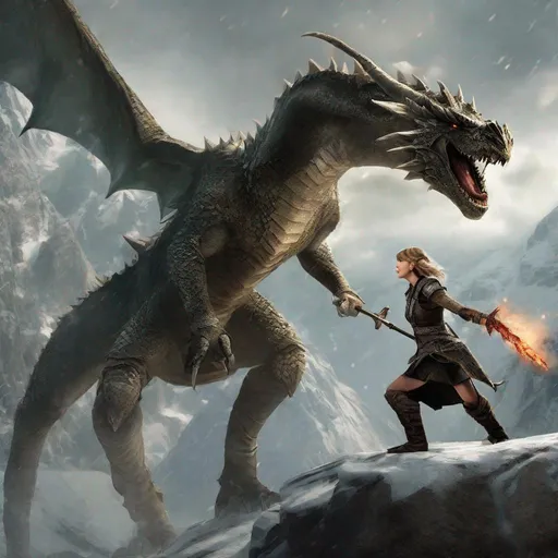 Prompt: Taylor Swift as the Dragonborn from Skyrim fighting a dragon.