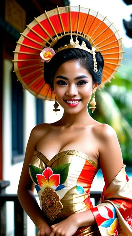 Prompt: Stunning frontal 21 year old Balinese princess fashion shot in regal avant-garde Kebaya Bali, beautifully perfect body shape, huge beautiful bosoms, regal smile, flirtatious, wearing Balinese traditional gold accessories, lush Balinese landscape and Balinese palace background, intricate Balinese scripture on the walls, colorful parasols, backed by traditional Balinese dancers, extra high details, superb unreal rendering, panoramic, atmospheric, ultra HDR, vivid, depth of field, bokeh, ultra realistic appearance, life like appearance, 64 megapixels, moody, romantic