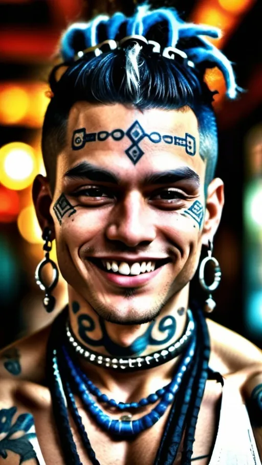 Prompt: Close up portrait shot, frontal view, a handsome cybergoth guy with huge muscular built, flirty smile, heavy cybergoth avant-garde accessories, bangles, ornate body piercings, Sanskrit body tattoos, ornate ornaments, messy bun, dreadlocks hairstyle, in the artstyle of Dan Lam, Aaron Horkey & Andy Warhol, Psychedelic post world as a backdrop in full bokeh effects, Surrealistic, Beautiful, Weird, Elegant, Eerie, Glamorous, Psychedelic, cgi, 3d, 32k, vibrant, realistic, hyperrealistic, photorealistic, cinematic, interesting, exciting, ultra vivid, solid, shiny, maximalist, perfect, masterpiece, intricate details, ultra HDR, beautifully shot, hyperrealistic, sharp focus, 64 megapixels, perfect composition, high contrast, cinematic, atmospheric, moody