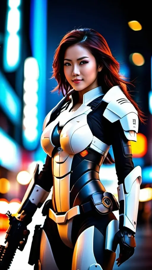 Prompt: Generate a beautiful Asian female warrior wearing Katana blade on her back, smiling, perfect body shape, large beautiful bosoms, wearing highly sophisticated full suit battle gear while holding a sophisticated assault rifle. She has beautiful hair and dark auburn dreadlocks. Her eyes look witty, charming and full of surprises. Set a fierce gigantic battle mech, ready to back her up at anytime. Set the futuristic cityscape environment at night time with glittering colorful neon lights. The image should be professionally shot realistic photo, super hyperrealistic, vivid colors, Cinematic film still, shot on v-raptor XL, film grain, vignette, color graded, post-processed, cinematic lighting, 35mm film, live-action, best quality, atmospheric, a masterpiece, epic, stunning, dramatic, intricate details, HDR, beautifully shot, hyperrealistic, sharp focus, 64 megapixels, perfect composition, high contrast, cinematic, atmospheric, moody