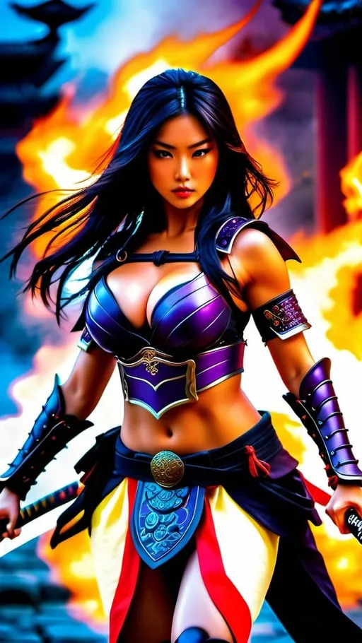 Prompt: full body photo, a beautiful female warrior in full-armored battle gear, huge beautiful bosoms, attacking hands and legs pose, free flowing long black hair, holding a legendary fiery Samurai sword, fiery moist and misty background, dragon art, Japanese empire palace, violet and crimson misty effects, ultimate rage style, artistic professional photography, aesthetic, Loop Lighting, intricate details, HDR, beautifully shot, hyperrealistic, sharp focus, 64 megapixels, perfect composition, high contrast, cinematic, atmospheric, moody, photo