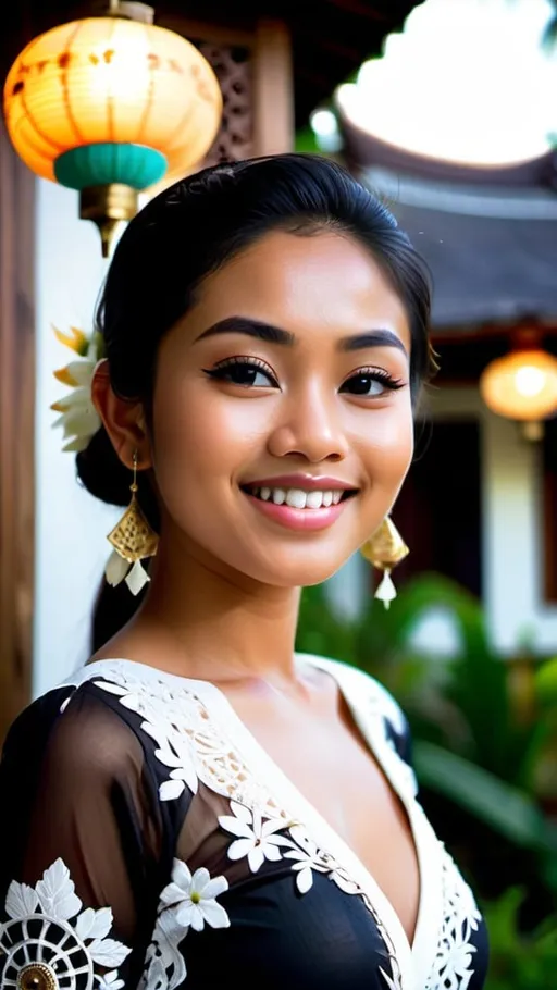 Prompt: A beautiful 21 years old Balinese girl wearing white decorated lace traditional Kebaya Bali, beautifully perfect body shape, large bosoms, smiling sweetly, professional supermodel makeup, wearing traditional Balinese accessories, standing in front of traditional Balinese residence and lush Balinese landscape. Image captured at sunset with glittering Balinese pendant lamps, bokeh effect, perfect composition, high contrast, epicanthic fold, cinematic, atmospheric, panoramic, moody, 64 megapixels, ISO400 