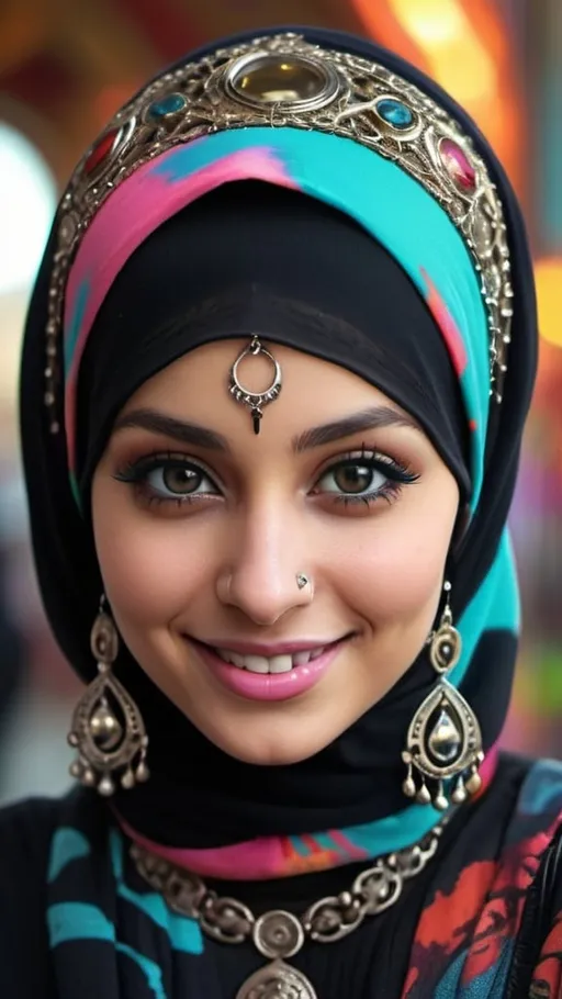 Prompt: Close up portrait shot, frontal view, a beautiful Hijabi Palestinian girl with huge beautiful bosoms, flirty smile, ornate cybergoth accessories, bangles, ornate nose piercings, ornate ornaments, in the style of Dan Lam, Aaron Horkey & Andy Warhol, Psychedelic post world as a backdrop in full bokeh effects, Surrealistic, Beautiful, Weird, Elegant, Eerie, Glamorous, Psychedelic, cgi, 3d, 32k, vibrant, realistic, hyperrealistic, photorealistic, cinematic, interesting, exciting, ultra vivid, super solid, shiny, maximalist, perfect, masterpiece, intricate details, HDR, beautifully shot, hyperrealistic, sharp focus, 64 megapixels, perfect composition, high contrast, cinematic, atmospheric, moody