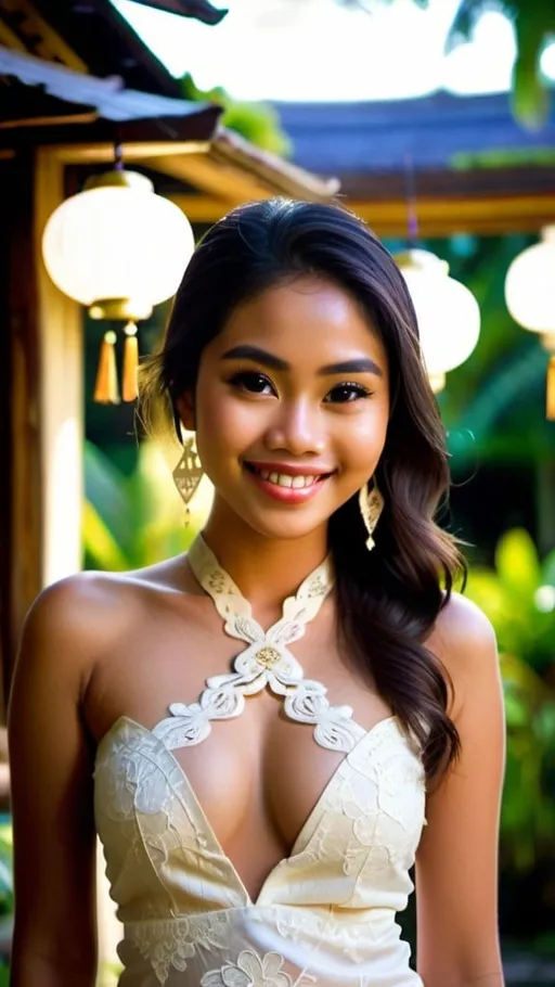 Prompt: A beautiful 21 years old Balinese girl wearing white decorated lace traditional Kebaya Bali, beautifully perfect body shape, large bosoms, smiling sweetly, professional supermodel makeup, wearing traditional Balinese accessories, standing in front of traditional Balinese residence and lush Balinese landscape. Image captured at sunset with glittering Balinese pendant lamps, bokeh effect, perfect composition, high contrast, epicanthic fold, cinematic, atmospheric, panoramic, moody, 64 megapixels, ISO400 