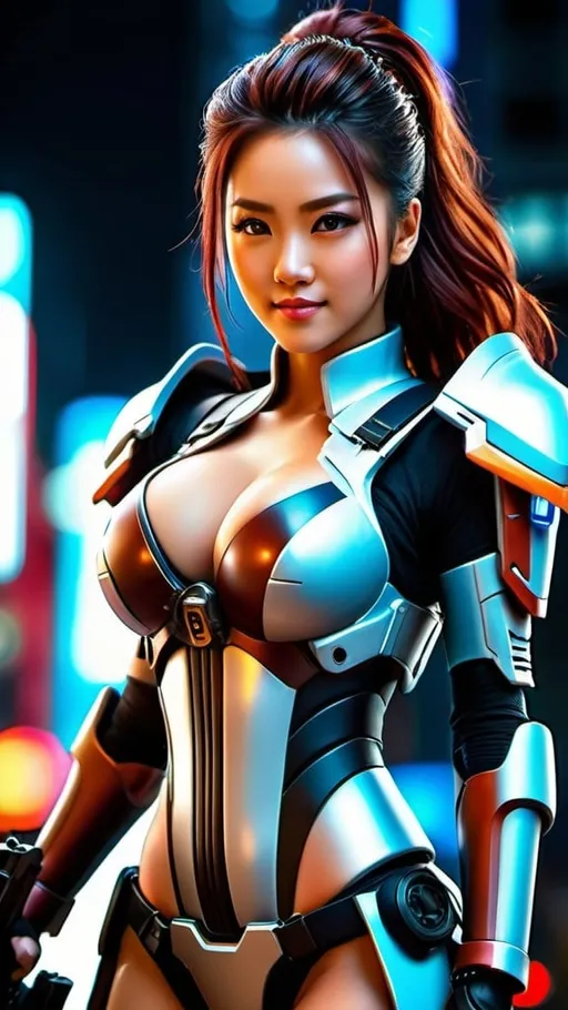 Prompt: Generate a beautiful Asian female warrior wearing Katana blade on her back, smiling, perfect body shape, large beautiful bosoms, wearing highly sophisticated full suit battle gear while holding a sophisticated assault rifle. She has beautiful hair and dark auburn dreadlocks. Her eyes look witty, charming and full of surprises. Set a fierce gigantic battle mech, ready to back her up at anytime. Set the futuristic cityscape environment at night time with glittering colorful neon lights. The image should be professionally shot realistic photo, super hyperrealistic, vivid colors, Cinematic film still, shot on v-raptor XL, film grain, vignette, color graded, post-processed, cinematic lighting, 35mm film, live-action, best quality, atmospheric, a masterpiece, epic, stunning, dramatic, intricate details, HDR, beautifully shot, hyperrealistic, sharp focus, 64 megapixels, perfect composition, high contrast, cinematic, atmospheric, moody