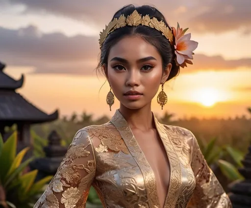 Prompt: Stunning frontal 21 year old Balinese girl fashion shot in avant-garde Kebaya Bali, extra high details, 8k, unreal engine5 rendering, panoramic, sunset at golden hour