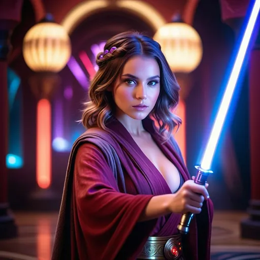 Prompt: A young and beautiful Jedi girl yielding a light sabre with her hands, huge beautiful bosoms, free flowing hair, fighting a handful of enemy droids fiercely, wearing a Jedi robe with ornate Jedi accessories, a misty crimson and violet effects and Tattoine palace as a backdrop, bokeh effects, glittering lights, Cinematic film still, shot on v-raptor XL, film grain, vignette, color graded, post-processed, cinematic lighting, 35mm film, live-action, best quality, atmospheric, a masterpiece, epic, stunning, dramatic, intricate details, HDR, beautifully shot, hyperrealistic, sharp focus, 64 megapixels, perfect composition, high contrast, epicanthic fold, cinematic, atmospheric, atmospheric 