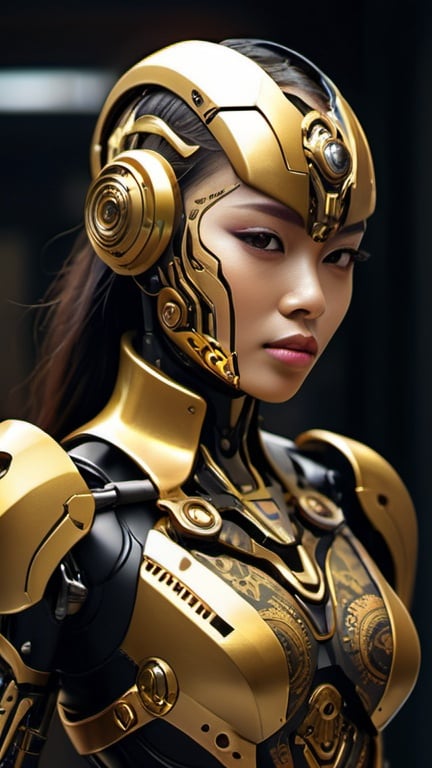 Prompt: create a mecha female cyborg, gold and black concept, hi tech design , the design armor was based on Malaysian kerawang batik motifs, matte titanium , the mask fully hi tech concept with some Malaysian batik embossed pattern, dramatic mood , wear a scarf at neck zone, cinematic , dramatic shadow , intricate, intricate details, ultra HDR, beautifully shot, hyperrealistic, sharp focus, 64 megapixels, perfect composition, high contrast, cinematic, atmospheric, moody