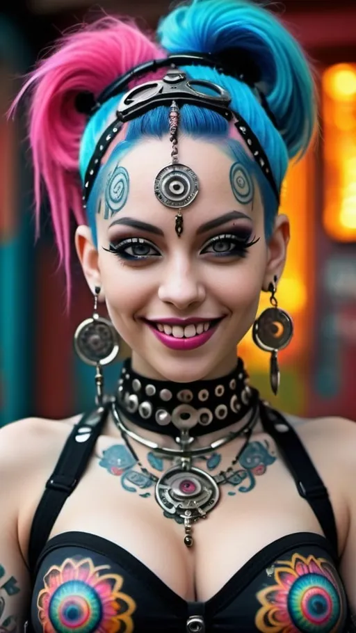 Prompt: Close up portrait shot, frontal view, a beautiful cybergoth girl with huge beautiful bosoms, flirty smile, heavy cybergoth avant-garde accessories, bangles, ornate body piercings, Sanskrit body tattoos, ornate ornaments, in the style of Dan Lam, Aaron Horkey & Andy Warhol, Psychedelic post world as a backdrop in full bokeh effects, Surrealistic, Beautiful, Weird, Elegant, Eerie, Glamorous, Psychedelic, cgi, 3d, 32k, vibrant, realistic, hyperrealistic, photorealistic, cinematic, interesting, exciting, ultra vivid, solid, shiny, maximalist, perfect, masterpiece, intricate details, HDR, beautifully shot, hyperrealistic, sharp focus, 64 megapixels, perfect composition, high contrast, cinematic, atmospheric, moody