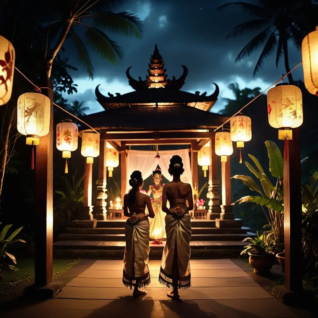 Prompt: Exotic traditional Balinese residence with lush Balinese landscape and exotic penjor stilts. Balinese dancers performing Legong Dance nearby. Night time, glittered with of Balinese lanterns and pendant lights. Cinematic film still, shot on v-raptor XL, film grain, vignette, color graded, post-processed, cinematic lighting, 35mm film, live-action, best quality, atmospheric, a masterpiece, epic, stunning, dramatic