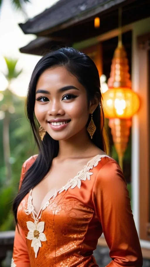 Prompt: A beautiful 21 years old Balinese girl wearing dark orange decorated lace traditional Kebaya Bali, beautifully perfect body shape, large bosoms, smiling sweetly, professional supermodel makeup, wearing traditional Balinese accessories, standing in front of traditional Balinese residence and lush Balinese landscape. Image captured at sunset with glittering Balinese pendant lamps, bokeh effect, perfect composition, high contrast, epicanthic fold, cinematic, atmospheric, panoramic, moody, 64 megapixels, ISO400 