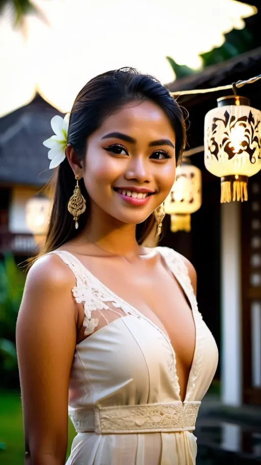 Prompt: A beautiful 21 years old Balinese girl wearing white decorated lace traditional Kebaya Bali, beautifully perfect body shape, large bosoms, smiling sweetly, professional supermodel makeup, wearing traditional Balinese accessories, standing in front of traditional Balinese residence and lush Balinese landscape. Image captured at sunset with glittering Balinese pendant lamps, bokeh effect, perfect composition, high contrast, cinematic, atmospheric, panoramic, moody, 64 megapixels, ISO400 