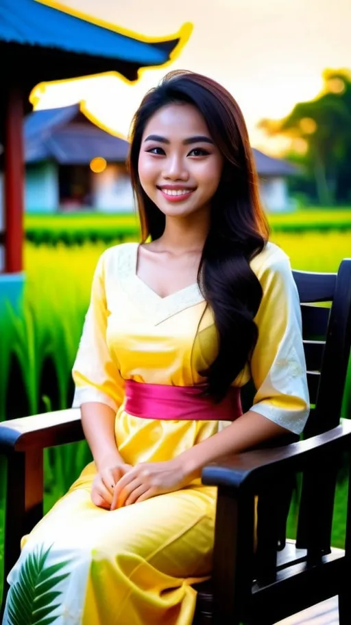 Prompt: A stunningly beautiful 21-year-old Malaysian girl, perfectly shape body, big beautiful bosoms, wearing traditional baju kurung, smiling sweetly, supermodel makeup, sitting leisurely on an antique wooden chair, in front of lush beautiful paddy field and traditional Malay residence, beautiful sunset, warm glittering lights nearby, serene mood, ray tracing, grainy film effects, bokeh effects, lens flare, panoramic, atmospheric, ultra hyperrealistic, ultra HDR, beautifully shot, sharp focus, 64 megapixels, perfect composition, high contrast, intricate details, Nikon Z7ii, Nikkor 85mm f/1.8 1/250 ISO400