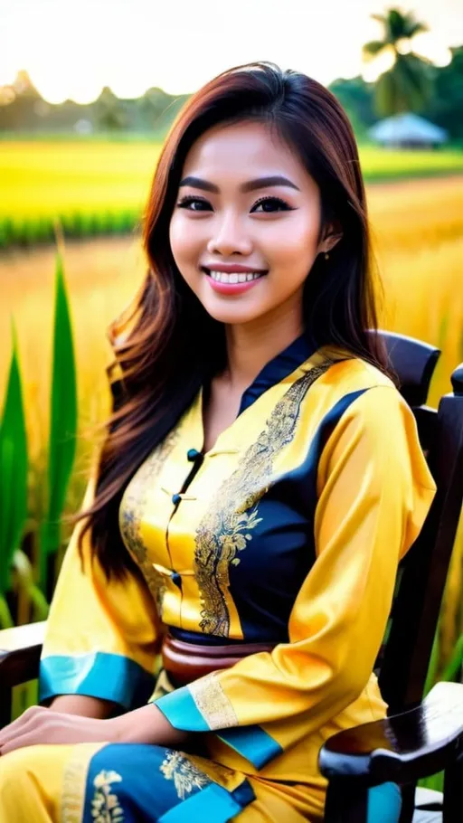 Prompt: A stunningly beautiful 21-year-old Malaysian girl, perfectly shape body, big beautiful bosoms, wearing traditional baju kurung, smiling sweetly, supermodel makeup, sitting leisurely on an antique wooden chair, in front of lush beautiful paddy field and traditional Malay residence, beautiful sunset, warm glittering lights nearby, serene mood, ray tracing, grainy film effects, bokeh effects, lens flare, panoramic, atmospheric, ultra hyperrealistic, ultra HDR, beautifully shot, sharp focus, 64 megapixels, perfect composition, high contrast, intricate details, Nikon Z7ii, Nikkor 85mm f/1.8 1/250 ISO400