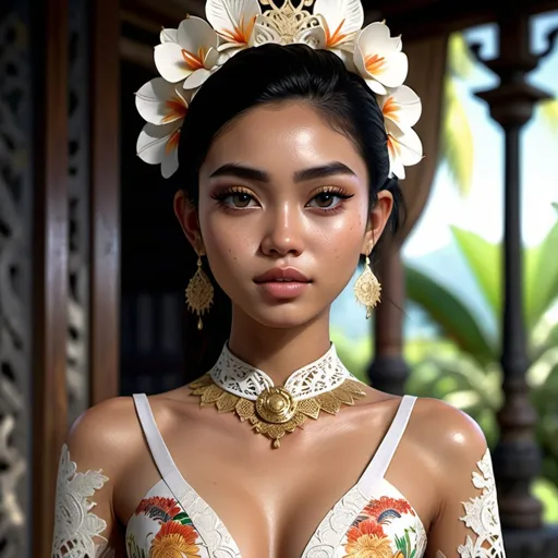 Prompt: Stunning frontal 21 year old Balinese girl fashion shot in avant-garde Kebaya Bali, extra high details, 8k, unreal engine5 render, HDR