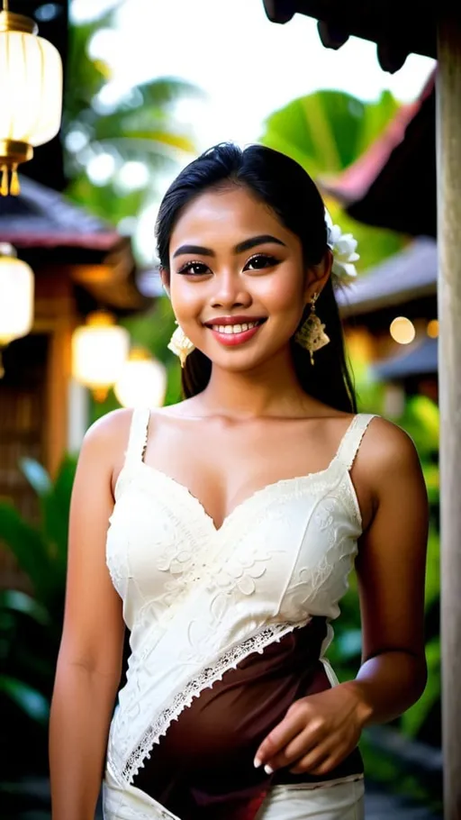 Prompt: A beautiful 21 years old Balinese girl wearing white decorated lace traditional Kebaya Bali, beautifully perfect body shape, large bosoms, smiling sweetly, professional supermodel makeup, wearing traditional Balinese accessories, standing in front of traditional Balinese residence and lush Balinese landscape. Image captured at sunset with glittering Balinese pendant lamps, bokeh effect, perfect composition, high contrast, cinematic, atmospheric, panoramic, moody, 64 megapixels, ISO400 